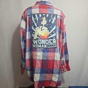 Angry Minnow Wonder Woman Flannel Shirt Adult Size XXL Red White Blue Bleach